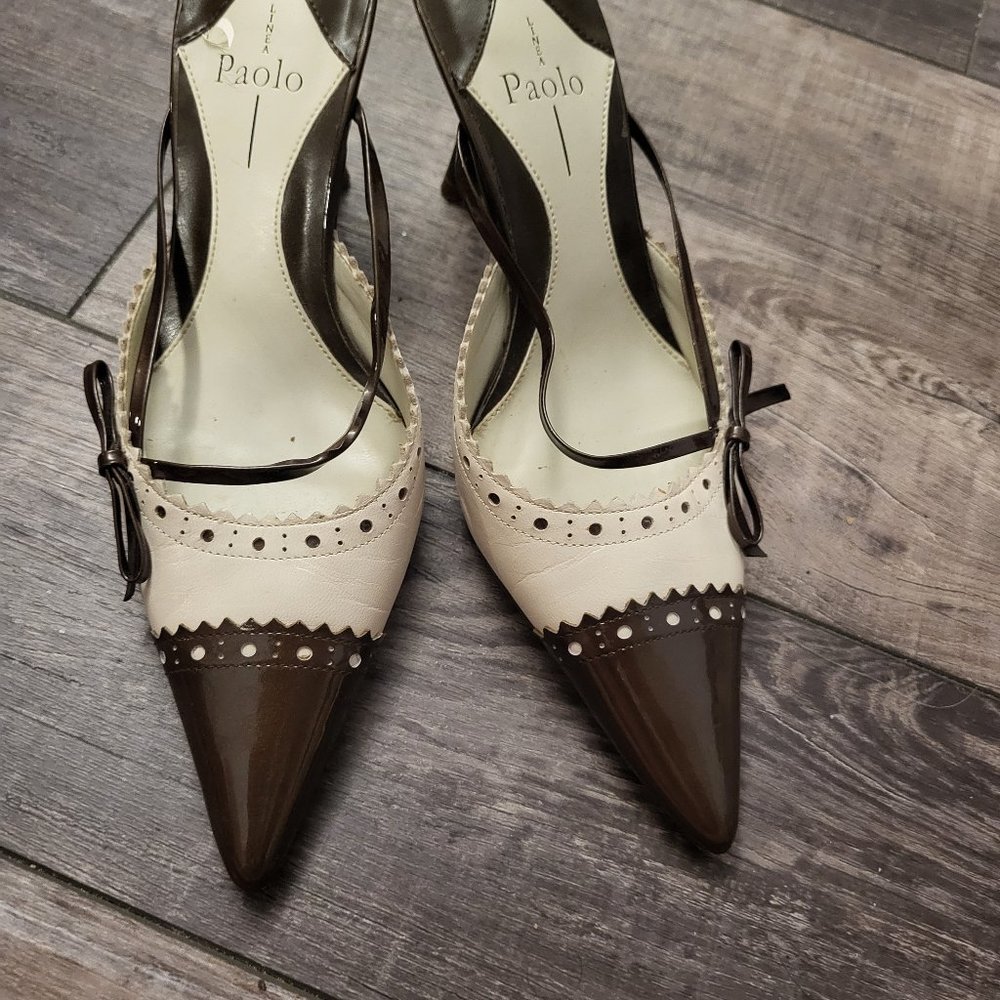 Linea Paolo brown and white heeled mules US women size 4
